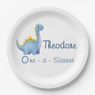 Cute Boy Blue Watercolor One-a-Saurus 1st Birthday Paper Plate