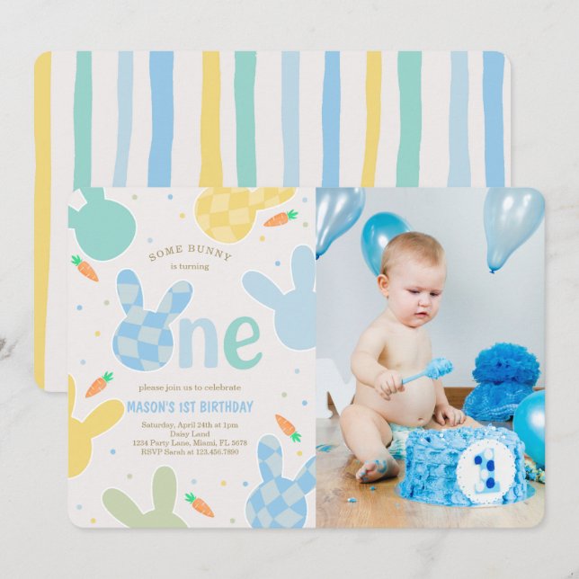 Cute Boy Bunny 1st Birthday Photo Invitation (Front/Back)