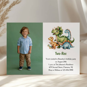Cute Boy Dinosaur Photo Kids 2nd Birthday Party Invitation