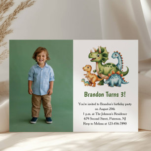 Cute Boy Dinosaur Photo Kids 3rd Birthday Party Invitation