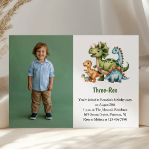 Cute Boy Dinosaur Photo Kids 3rd Birthday Party Invitation