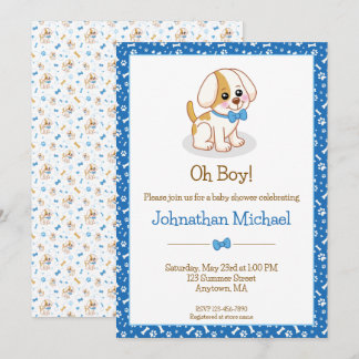 Cute Boy Dog Blue Bow Tie Personalized Baby Shower Invitation