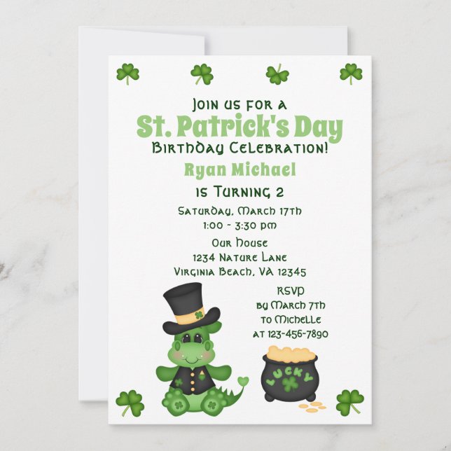 Cute Boy Dragon St. Patrick's Day Birthday Invitation (Front)