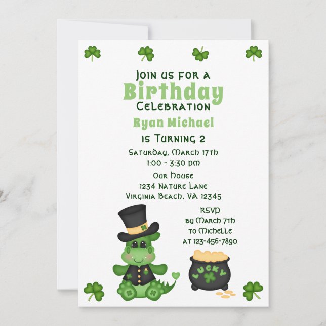 Cute Boy Dragon with Pot of Gold Irish Birthday Invitation (Front)