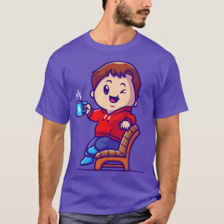 Cute Boy Drink Hot Coffee On Chair Cartoon T-Shirt