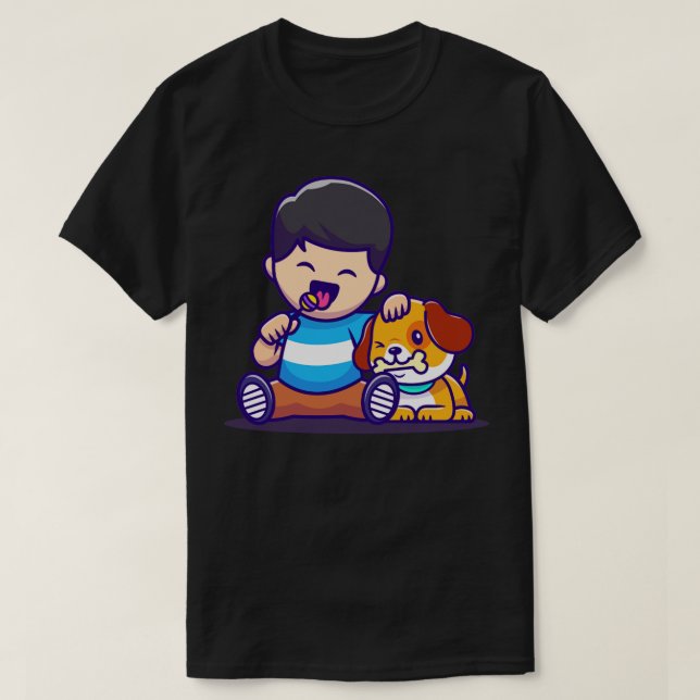 Cute Boy Eating Lollipop With Dog Eating Bone T-Shirt (Design Front)
