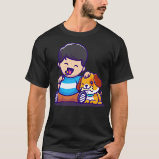 Cute Boy Eating Lollipop With Dog Eating Bone T-Shirt