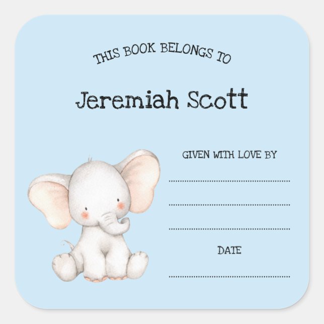 Cute boy elephant baby shower bookplate square sticker (Front)