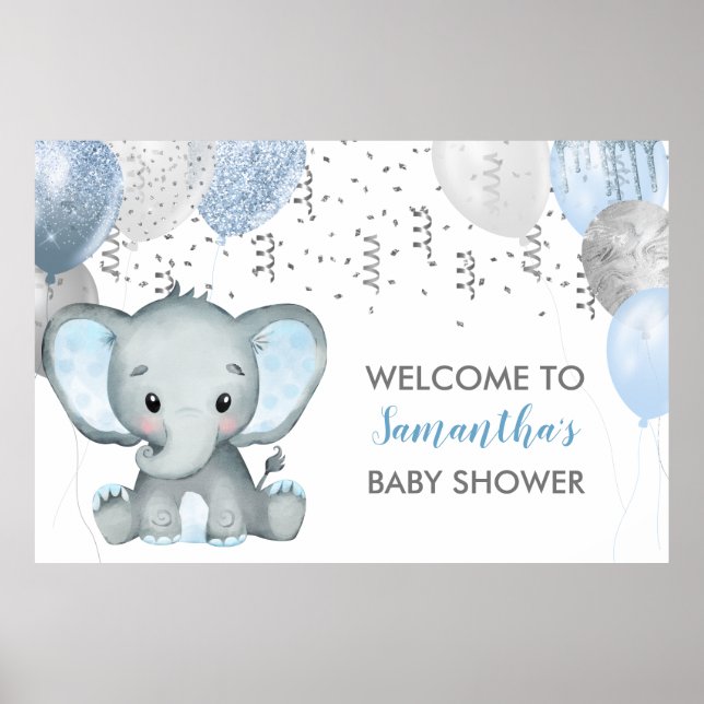 Cute Boy Elephant Balloons Baby Shower Poster (Front)