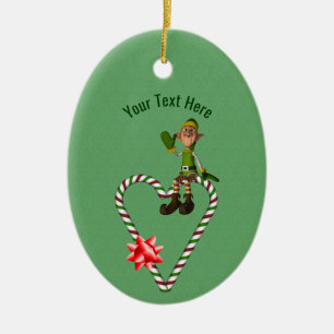 Cute Boy Elf Candy Cane Holiday Personalized Ceramic Ornament