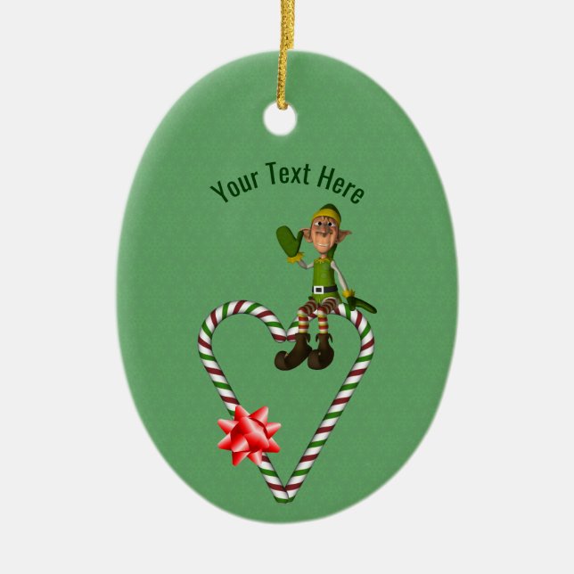 Cute Boy Elf Candy Cane Holiday Personalized Ceramic Ornament (Front)