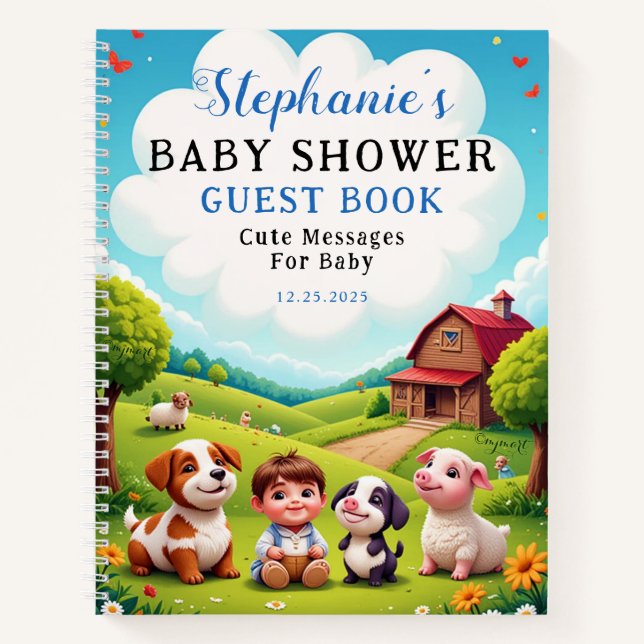 Cute Boy Farm Animals Baby  Shower Guest Book (Front)