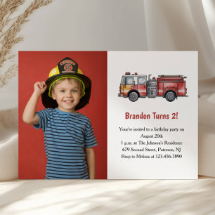Cute Boy Firefighter Photo Kids 2nd Birthday Party Invitation