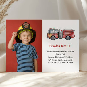 Cute Boy Firefighter Photo Kids 3rd Birthday Party Invitation