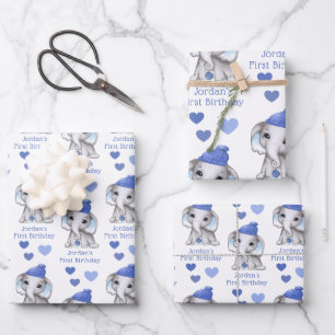 Cute Boy First Birthday Blue Elephant Personalized Wrapping Paper Sheet
