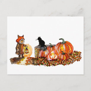 Cute Boy Fox Costume Halloween Watercolor Postcard