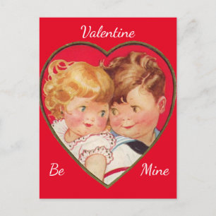 Cute Boy & Girl Heart Vintage Valentine Postcard