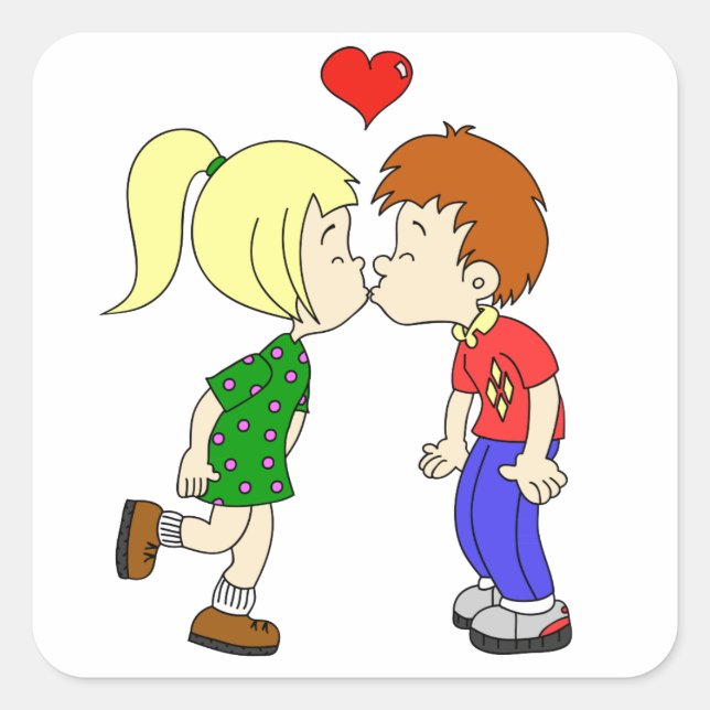 Cute boy girl kiss cartoon kids square sticker (Front)
