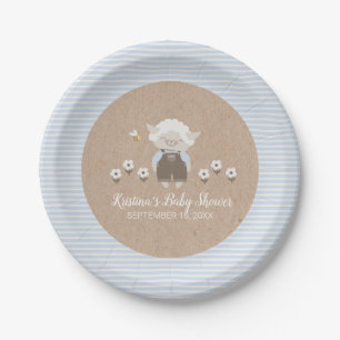 Cute Boy Lamb Blue Kraft Baby Shower Paper Plate