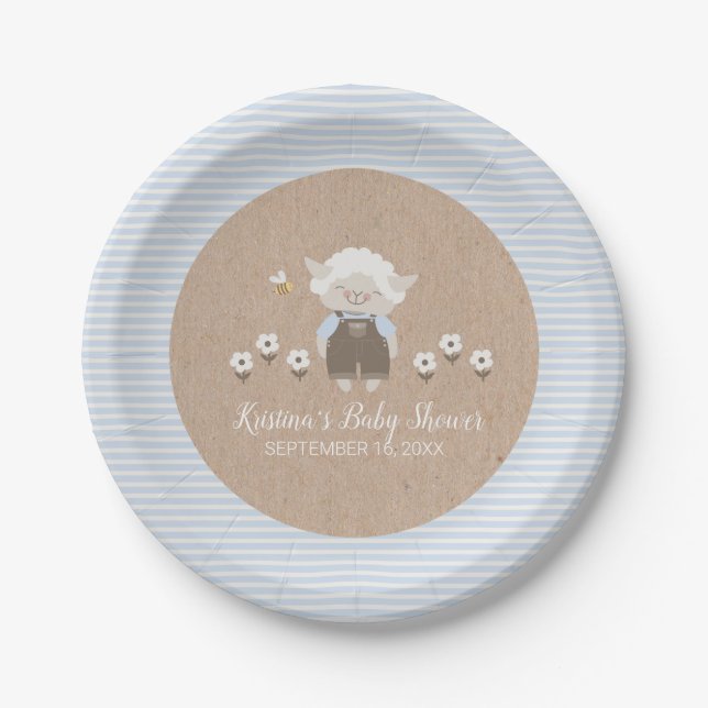 Cute Boy Lamb Blue Kraft Baby Shower Paper Plate (Front)