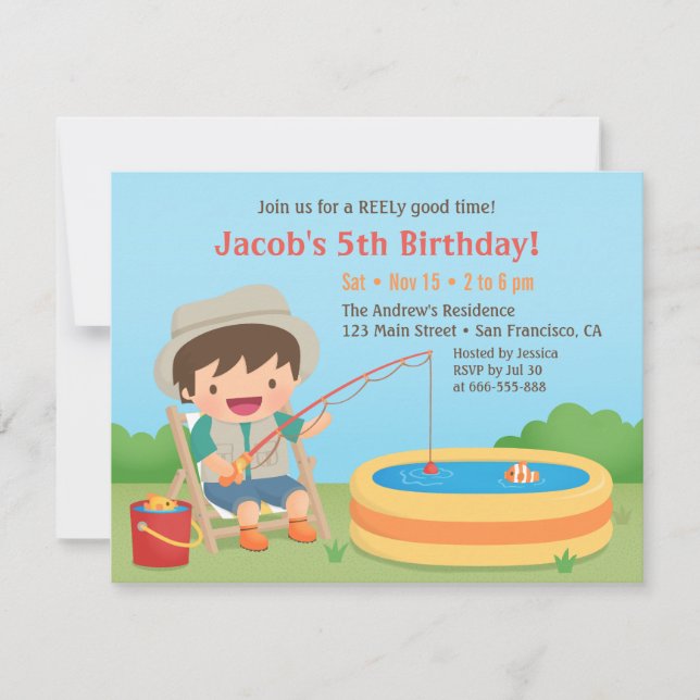 Cute Boy Loves Fishing Birthday Party Invitations (Front)