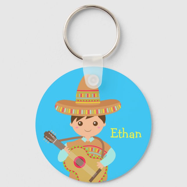 Cute boy Mexican Sombrero Hat Guitar Fiesta Keychain (Front)