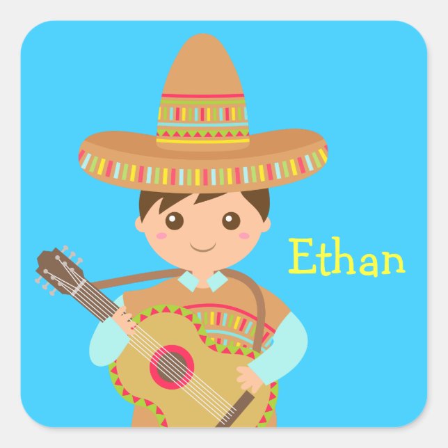 Cute boy Mexican Sombrero Hat Guitar Fiesta Square Sticker (Front)