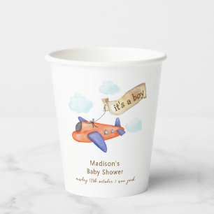 Cute Boy Minimal Aviator Airplane Baby Shower Paper Cups