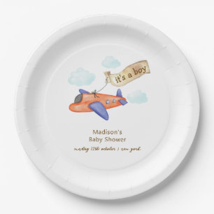 Cute Boy Minimal Aviator Airplane Baby Shower  Paper Plate