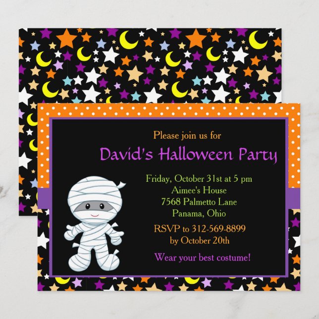 Cute Boy Mummy Halloween Costume Party Invitation (Front/Back)