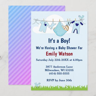 Cute Boy on Clothesline Boho Baby Shower Invitation