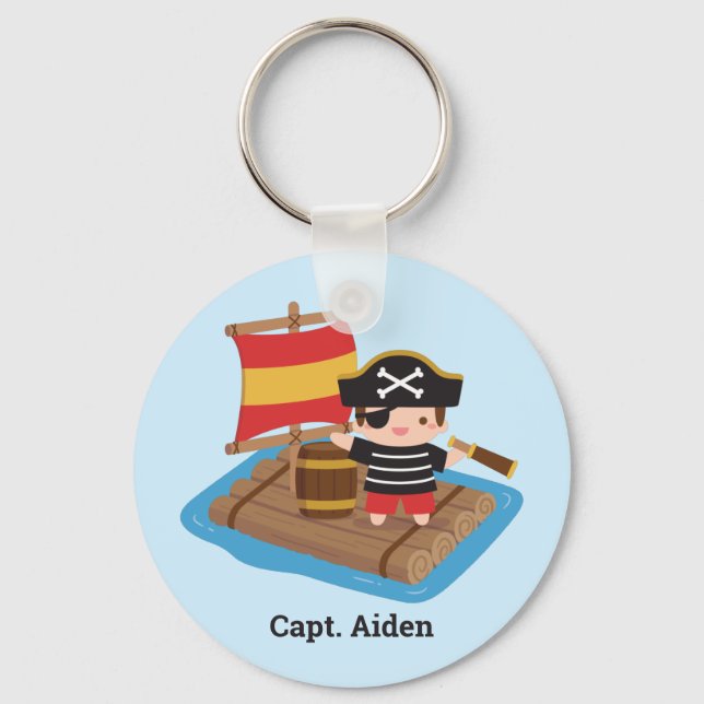 Cute Boy Pirate on Wooden Raft Kids Keychain (Front)