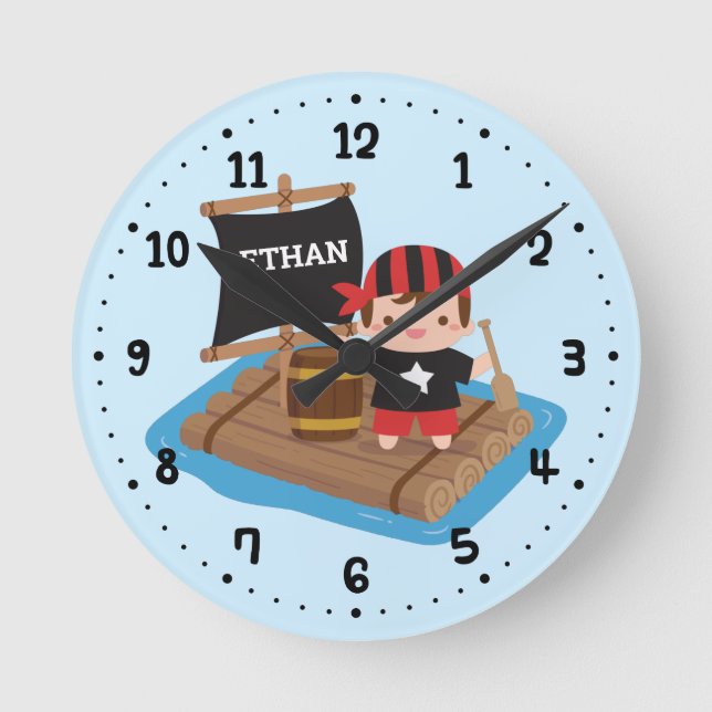 Cute Boy Pirate Set Sail Raft Kids Wall Decor Round Clock (Front)