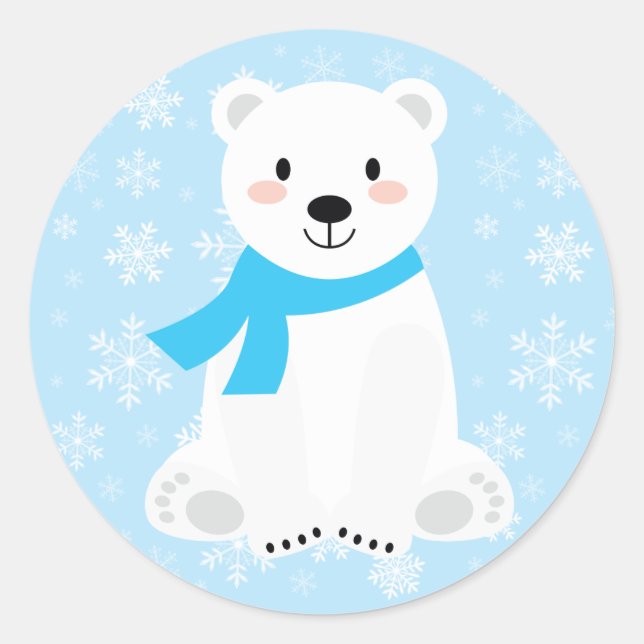 Cute Boy Polar Bear Winter Snowflake Blue Classic Round Sticker (Front)