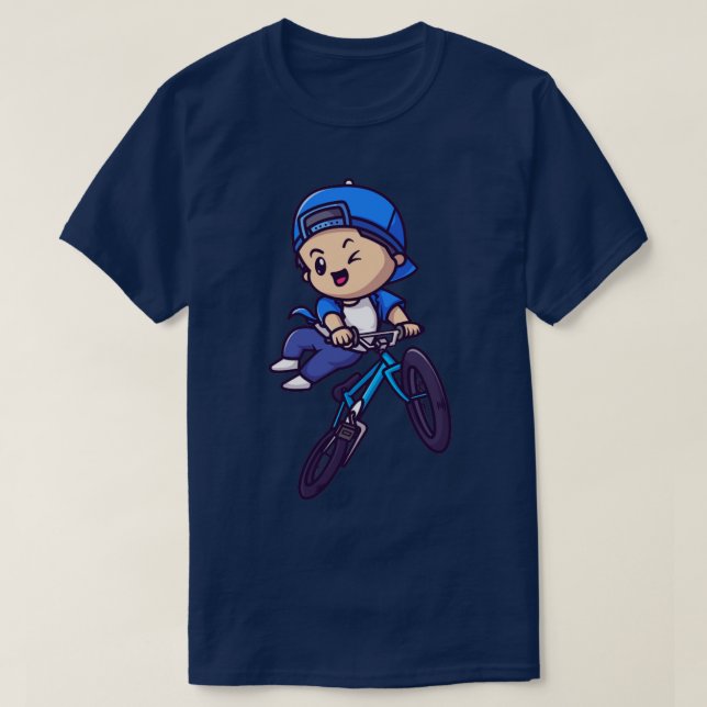 Cute Boy Riding Bicycle Cartoon T-Shirt (Design Front)