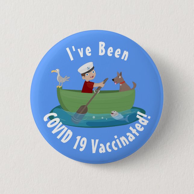 Cute boy sailor and dog rowing boat cartoon  2 inch round button (Front)