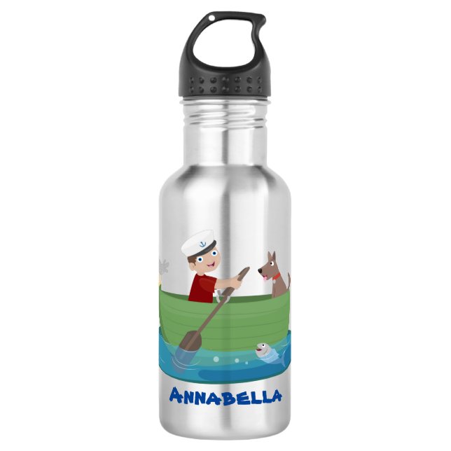Cute boy sailor and dog rowing boat cartoon 532 ml water bottle (Front)