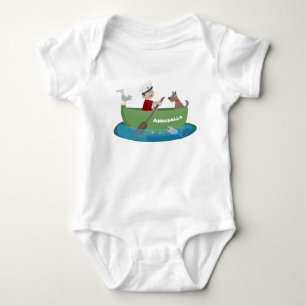 Cute boy sailor and dog rowing boat cartoon baby bodysuit