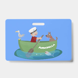 Cute boy sailor and dog rowing boat cartoon badge