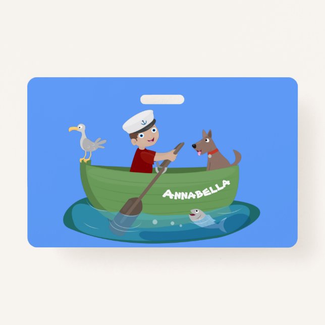 Cute boy sailor and dog rowing boat cartoon badge (Front)