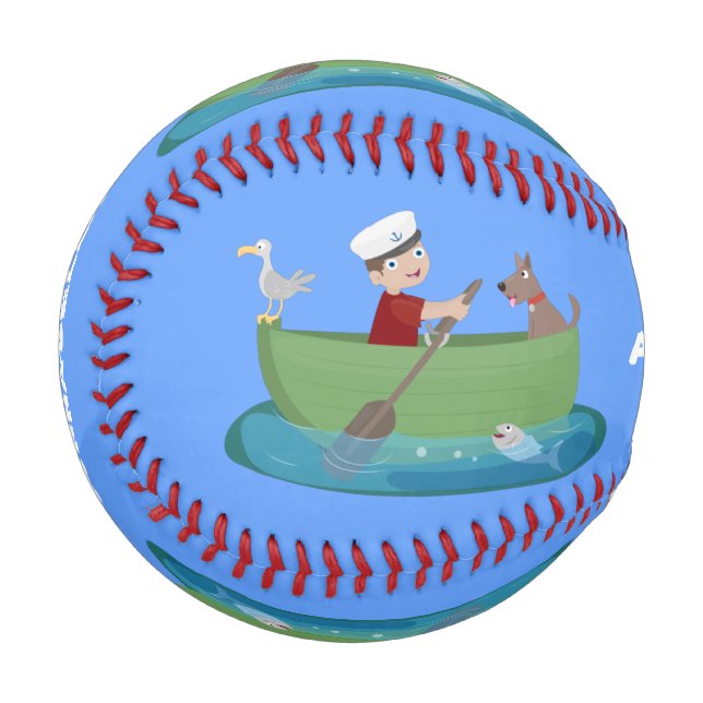 Cute boy sailor and dog rowing boat cartoon baseball (Front Left)