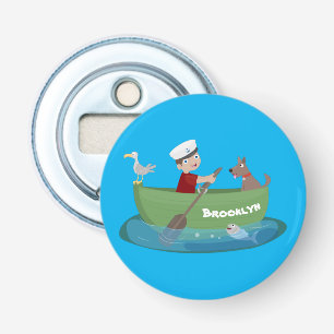 Cute boy sailor and dog rowing boat cartoon bottle opener