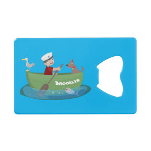Cute boy sailor and dog rowing boat cartoon credit card bottle opener