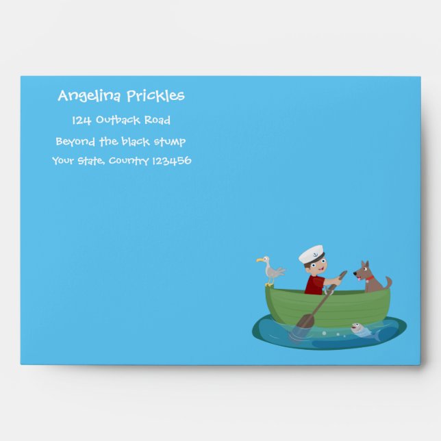 Cute boy sailor and dog rowing boat cartoon envelope (Front)