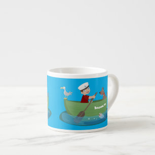 Cute boy sailor and dog rowing boat cartoon espresso cup