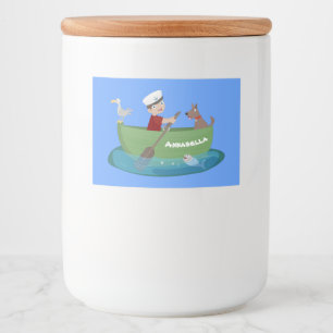 Cute boy sailor and dog rowing boat cartoon food label