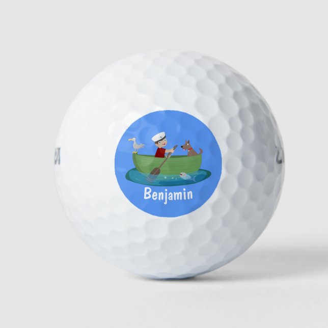 Cute boy sailor and dog rowing boat cartoon golf balls (Front)