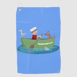 Cute boy sailor and dog rowing boat cartoon golf towel