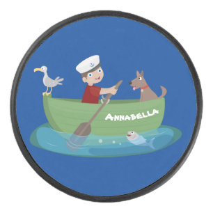 Cute boy sailor and dog rowing boat cartoon hockey puck