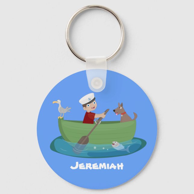 Cute boy sailor and dog rowing boat cartoon keychain (Front)